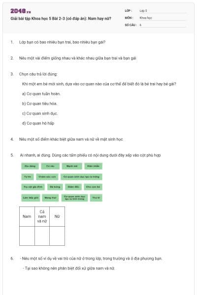 Giải bài tập Khoa học 5 Bài 2-3 (có đáp án): Nam hay nữ?