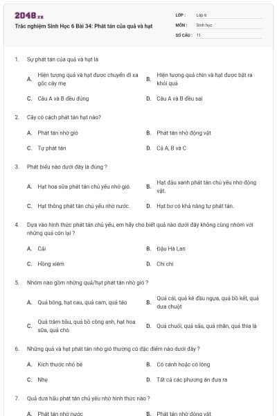 Trắc nghiệm Sinh Học 6 Bài 34: Phát tán của quả và hạt