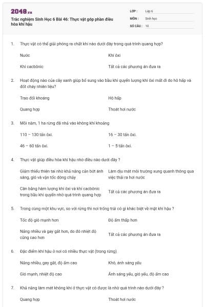 Trắc nghiệm Sinh Học 6 Bài 46: Thực vật góp phần điều hòa khí hậu