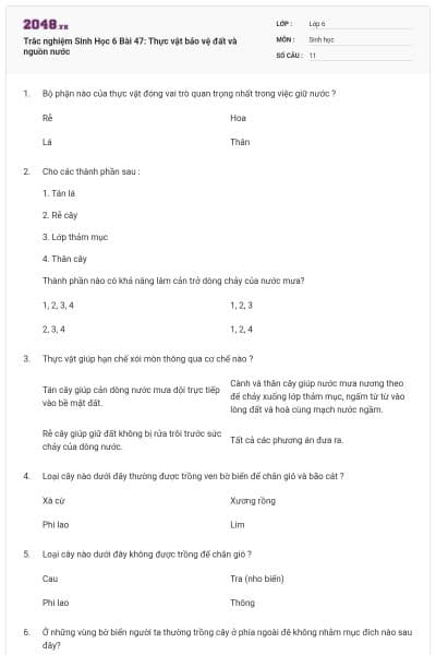 Trắc nghiệm Sinh Học 6 Bài 47: Thực vật bảo vệ đất và nguồn nước