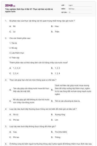 Trắc nghiệm Sinh Học 6 Bài 47: Thực vật bảo vệ đất và nguồn nước