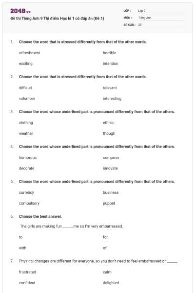 Đề thi Tiếng Anh 9 Thí điểm Học kì 1 có đáp án (Đề 1)
