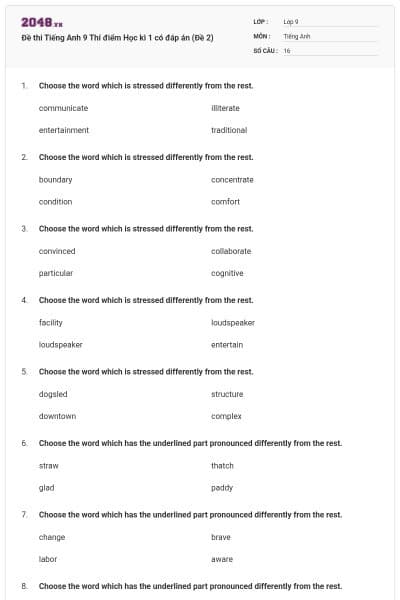 Đề thi Tiếng Anh 9 Thí điểm Học kì 1 có đáp án (Đề 2)