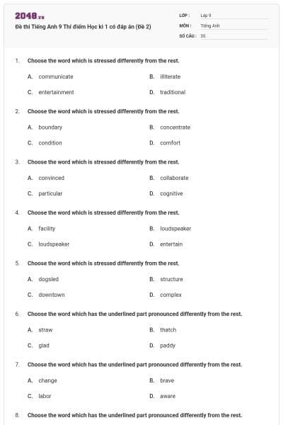 Đề thi Tiếng Anh 9 Thí điểm Học kì 1 có đáp án (Đề 2)