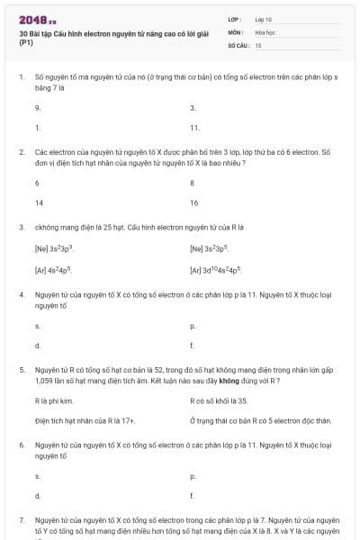 30 Bài tập Cấu hình electron nguyên tử nâng cao có lời giải (P1)