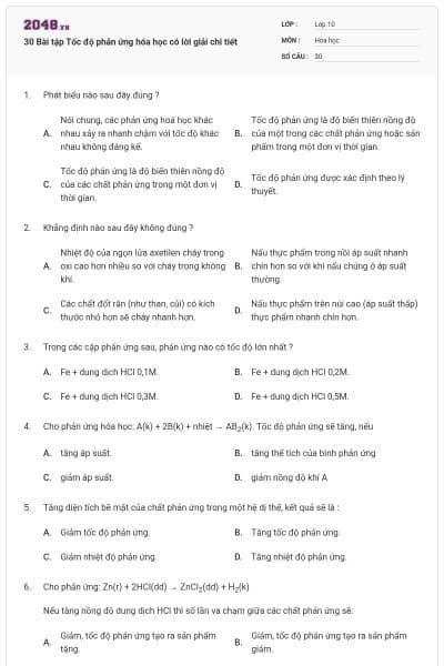 30 Bài tập Tốc độ phản ứng hóa học có lời giải chi tiết
