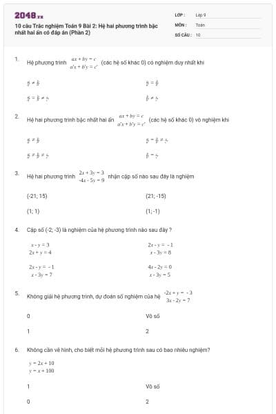 10 câu Trắc nghiệm Toán 9 Bài 2: Hệ hai phương trình bậc nhất hai ẩn có đáp án (Phần 2)