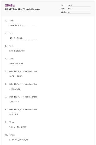 Giải VBT Toán 5 Bài 72: Luyện tập chung
