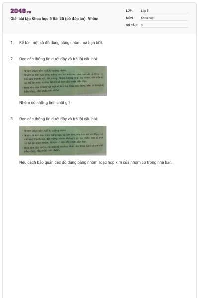 Giải bài tập Khoa học 5 Bài 25 (có đáp án): Nhôm