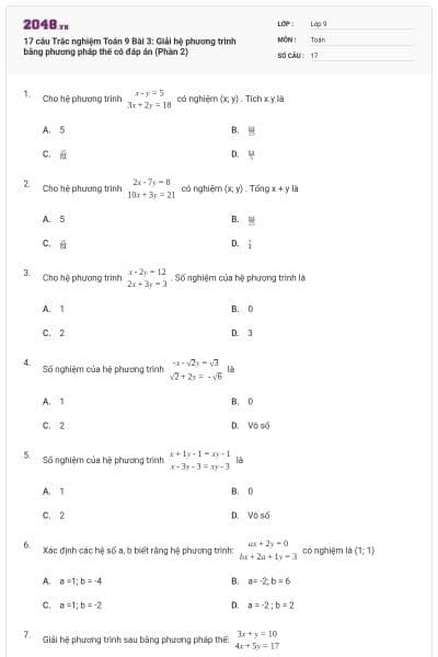 17 câu Trắc nghiệm Toán 9 Bài 3: Giải hệ phương trình bằng phương pháp thế có đáp án (Phần 2)