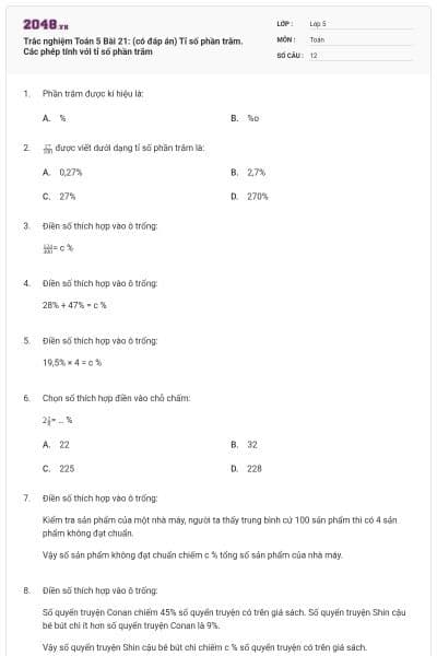 Trắc nghiệm Toán 5 Bài 21: (có đáp án) Tỉ số phần trăm. Các phép tính với tỉ số phần trăm