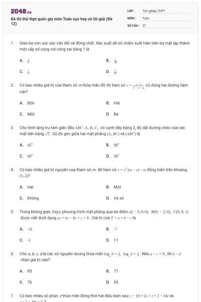 Đề thi thử thpt quốc gia môn Toán cực hay có lời giải (Đề 12)