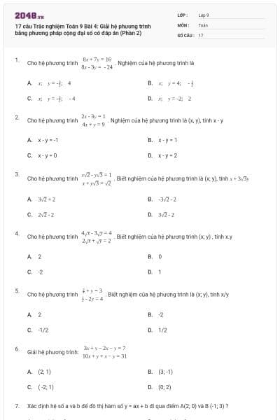 17 câu Trắc nghiệm Toán 9 Bài 4: Giải hệ phương trình bằng phương pháp cộng đại số có đáp án (Phần 2)