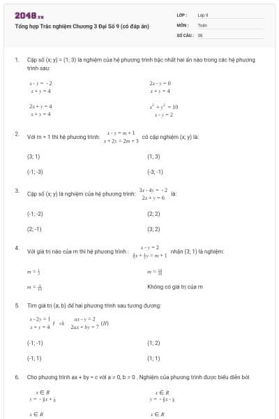 Tổng hợp Trắc nghiệm Chương 3 Đại Số 9 (có đáp án)