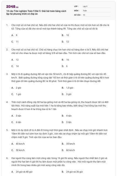 10 câu Trắc nghiệm Toán 9 Bài 5: Giải bài toán bằng cách lập hệ phương trình có đáp án