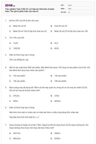 Trắc nghiệm Toán 5 Bài 23: (có đáp án) Giải toán về phần trăm: Tìm giá trị phần trăm của một số