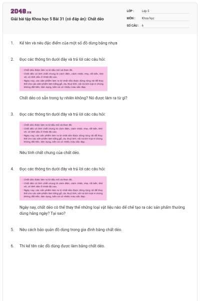 Giải bài tập Khoa học 5 Bài 31 (có đáp án): Chất dẻo
