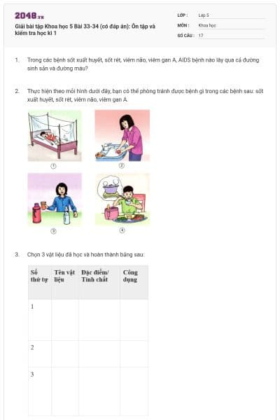 Giải bài tập Khoa học 5 Bài 33-34 (có đáp án): Ôn tập và kiểm tra học kì 1