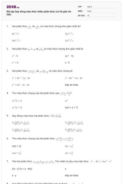 Bài tập Quy đồng mẫu thức nhiều phân thức (có lời giải chi tiết)
