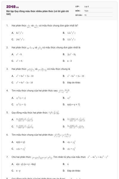 Bài tập Quy đồng mẫu thức nhiều phân thức (có lời giải chi tiết)