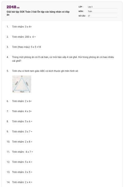 Giải bài tập SGK Toán 3 bài Ôn tập các bảng nhân có đáp án