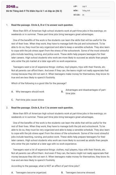 Đề thi Tiếng Anh 9 Thí điểm Học kì 1 có đáp án (Đề 3)