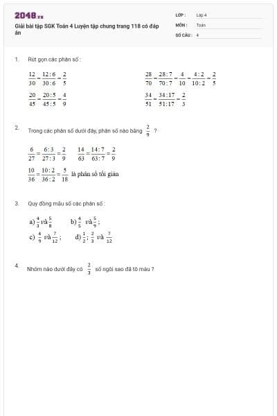 Giải bài tập SGK Toán 4 Luyện tập chung trang 118 có đáp án