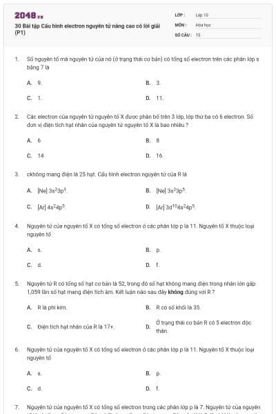30 Bài tập Cấu hình electron nguyên tử nâng cao có lời giải (P1)