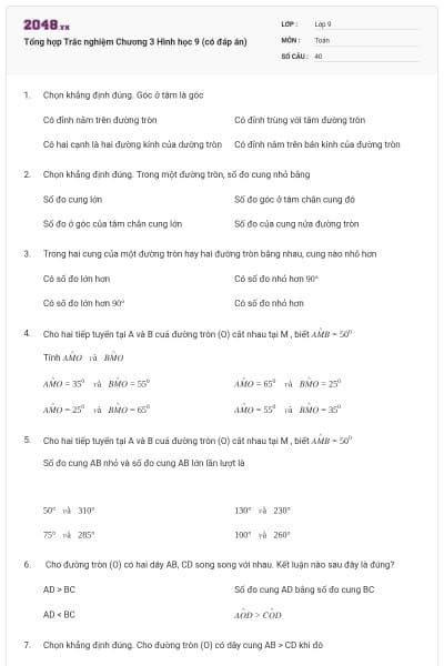 Tổng hợp Trắc nghiệm Chương 3 Hình học 9 (có đáp án)