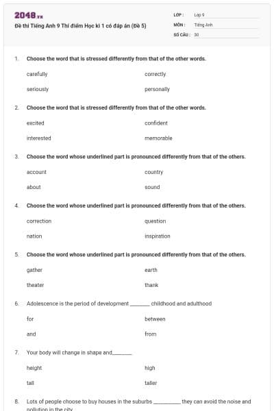 Đề thi Tiếng Anh 9 Thí điểm Học kì 1 có đáp án (Đề 5)