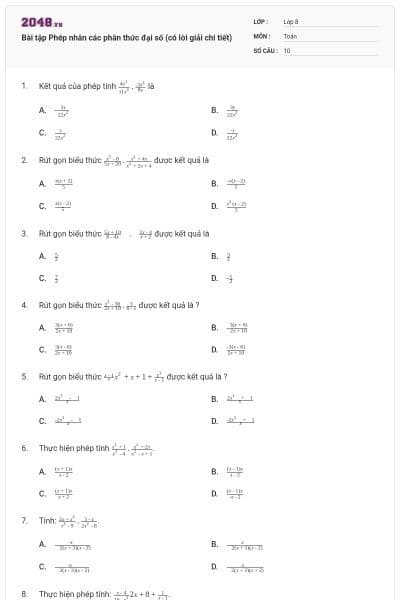 Bài tập Phép nhân các phân thức đại số (có lời giải chi tiết)