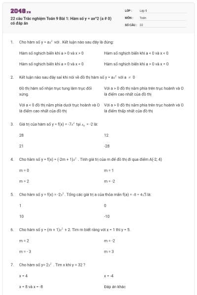 22 câu Trắc nghiệm Toán 9 Bài 1: Hàm số y = ax^2 (a # 0) có đáp án