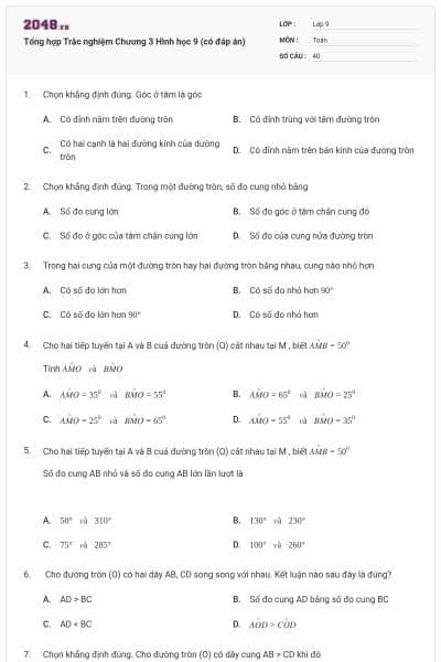 Tổng hợp Trắc nghiệm Chương 3 Hình học 9 (có đáp án)