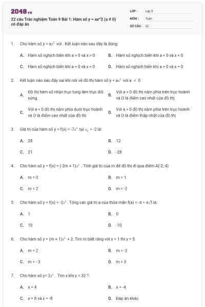 22 câu Trắc nghiệm Toán 9 Bài 1: Hàm số y = ax^2 (a # 0) có đáp án
