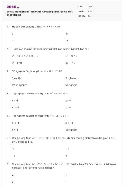 10 câu Trắc nghiệm Toán 9 Bài 3: Phương trình bậc hai một ẩn có đáp án