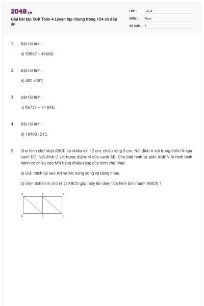 Giải bài tập SGK Toán 4 Luyện tập chung trang 124 có đáp án