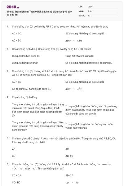 10 câu Trắc nghiệm Toán 9 Bài 2: Liên hệ giữa cung và dây có đáp án