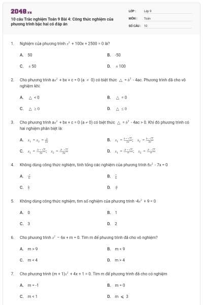 10 câu Trắc nghiệm Toán 9 Bài 4: Công thức nghiệm của phương trình bậc hai có đáp án