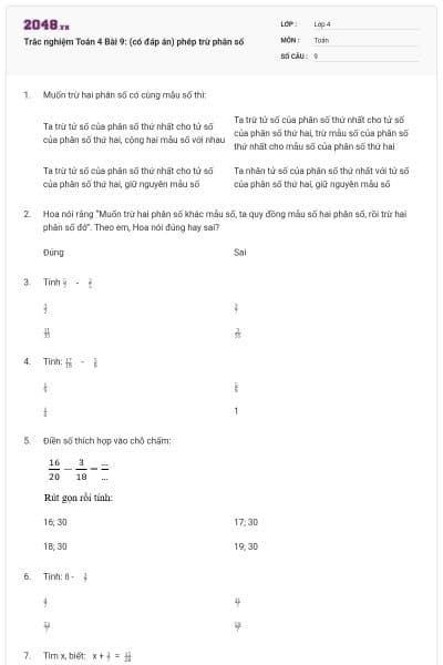 Trắc nghiệm Toán 4 Bài 9: (có đáp án) phép trừ phân số