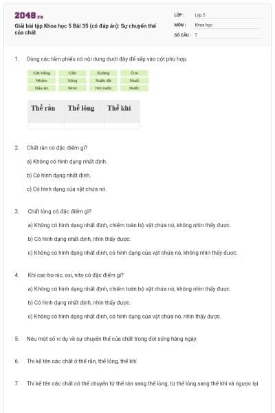 Giải bài tập Khoa học 5 Bài 35 (có đáp án): Sự chuyển thể của chất