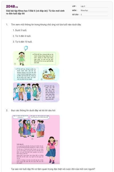 Giải bài tập Khoa học 5 Bài 6 (có đáp án): Từ lúc mới sinh ra đến tuổi dậy thì