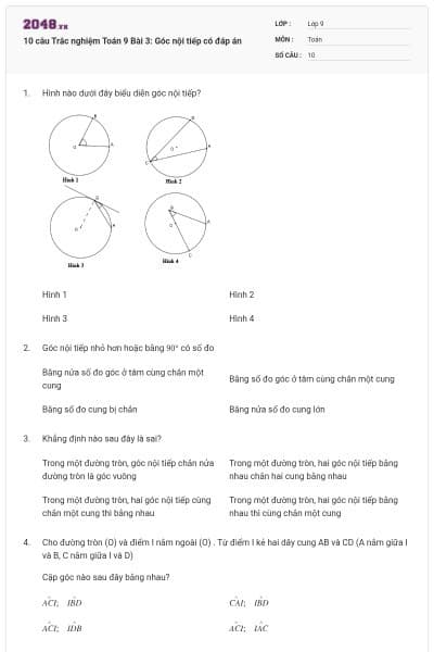 10 câu Trắc nghiệm Toán 9 Bài 3: Góc nội tiếp có đáp án