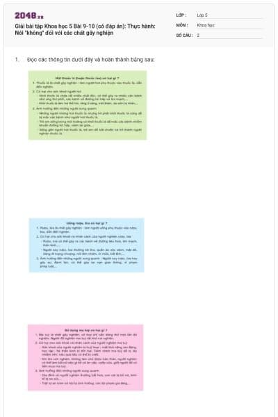 Giải bài tập Khoa học 5 Bài 9-10 (có đáp án): Thực hành: Nói "không" đối với các chất gây nghiện
