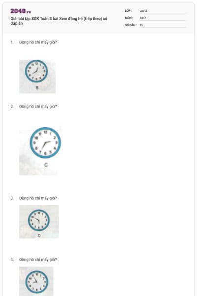 Giải bài tập SGK Toán 3 bài Xem đồng hồ (tiếp theo) có đáp án