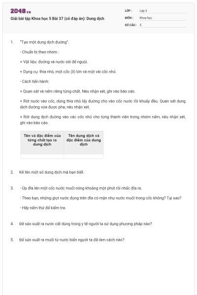 Giải bài tập Khoa học 5 Bài 37 (có đáp án): Dung dịch