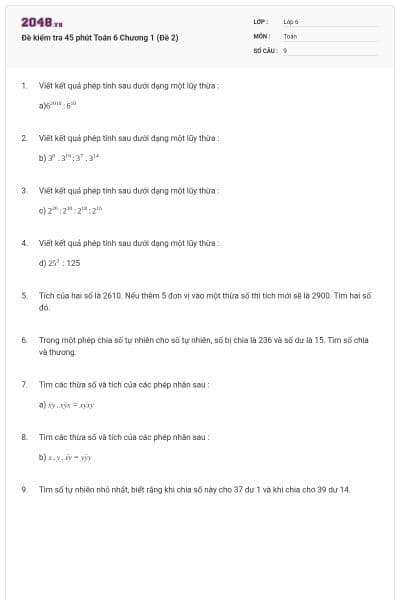 Đề kiểm tra 45 phút Toán 6 Chương 1 (Đề 2)