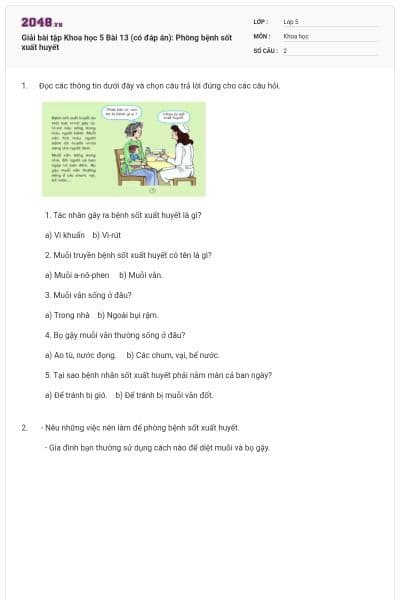 Giải bài tập Khoa học 5 Bài 13 (có đáp án): Phòng bệnh sốt xuất huyết