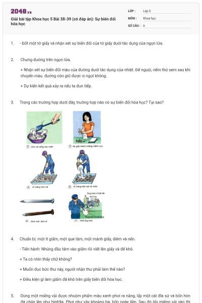 Giải bài tập Khoa học 5 Bài 38-39 (có đáp án): Sự biến đổi hóa học