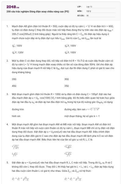 200 câu trắc nghiệm Dòng điện xoay chiều nâng cao (P5)