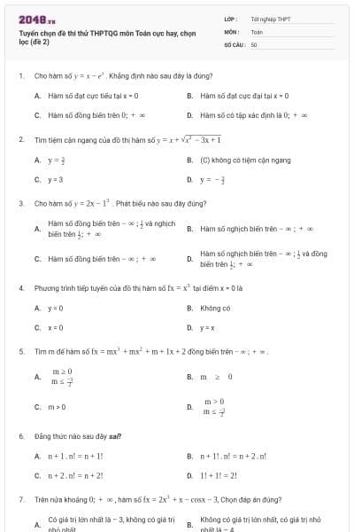 Tuyển chọn đề thi thử THPTQG môn Toán cực hay, chọn lọc (đề 2)
